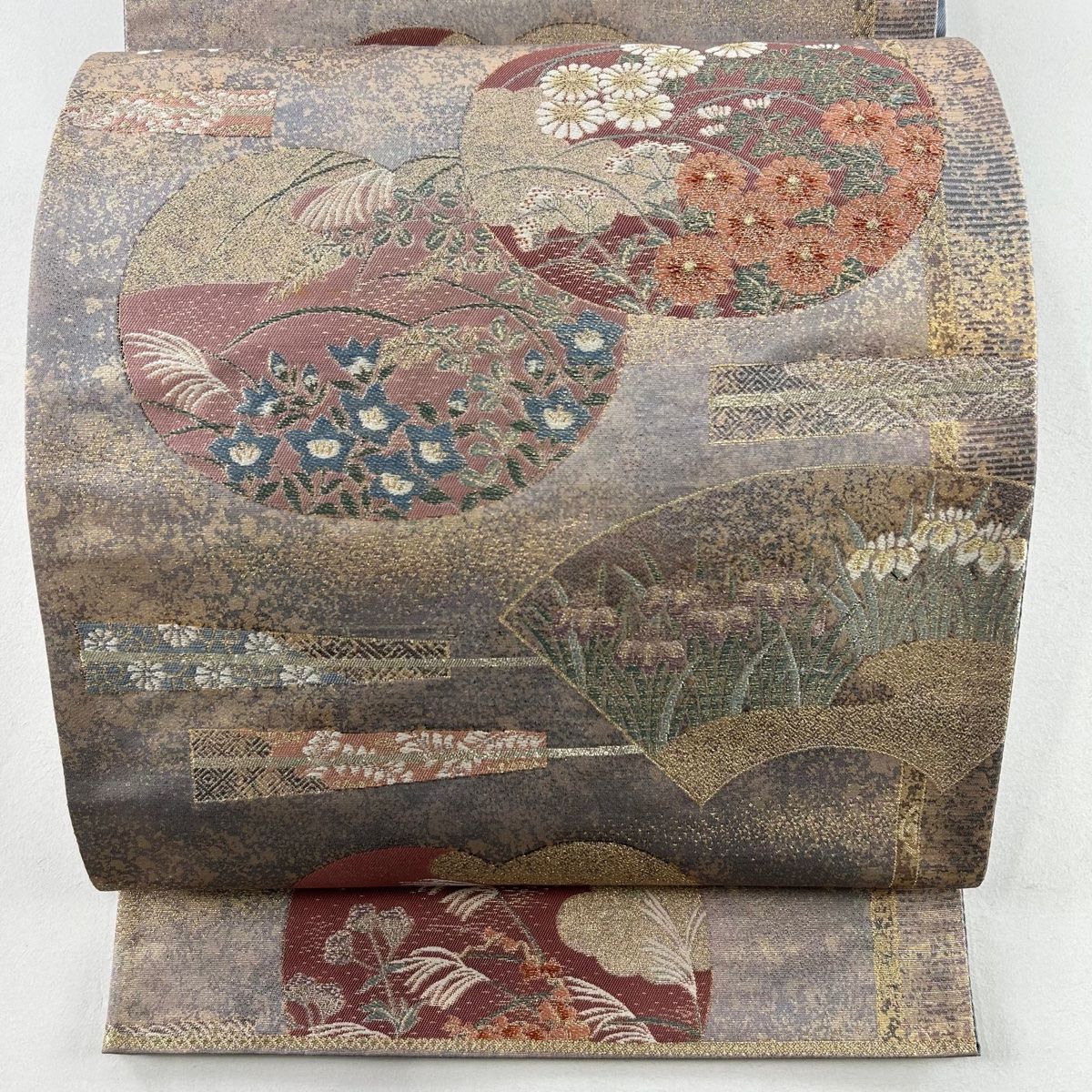 袋帯 秀品 関西仕立て 古今屏風絵 箔 金糸 灰紫 六通 正絹