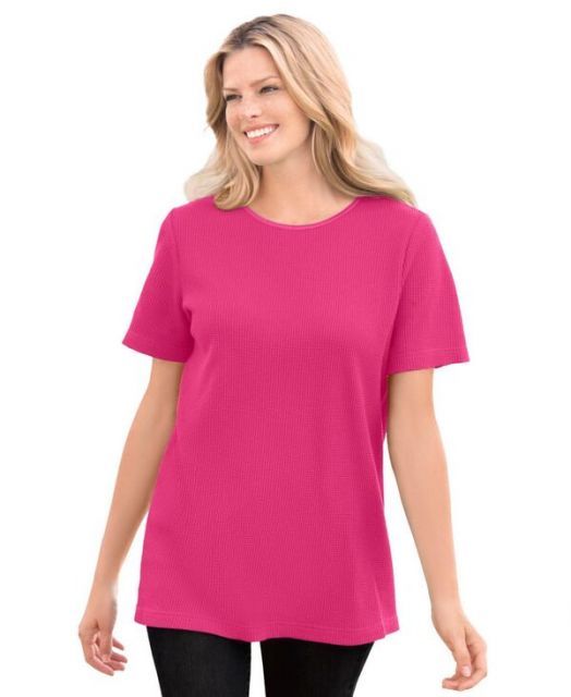送料無料 ウーマン ウィズイン レディース シャツ トップス Plus Size Within Waffle Thermal Satin Trim Tee Raspberry sorbet