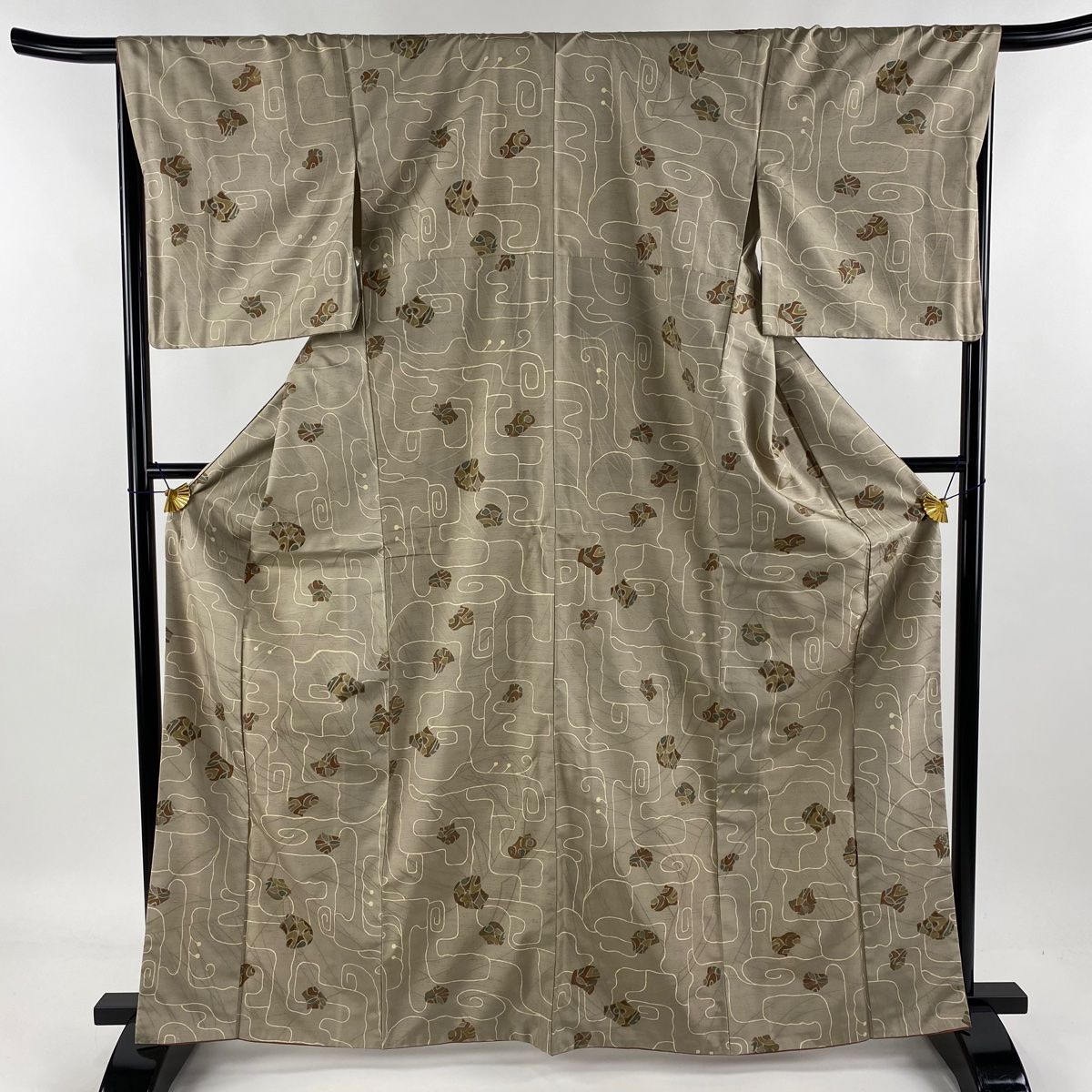 小紋 身丈165cm 裄丈67cm M 袷 紬地 柿しぶ染 幾何学模様 薄茶色 正絹  