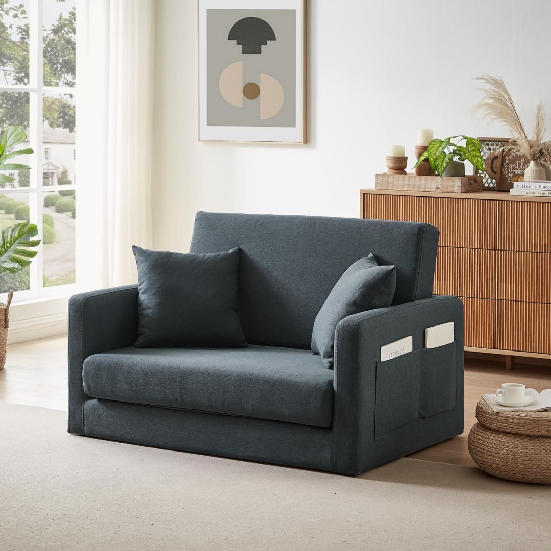 ソファ 2人掛け 収納付き ファブリック 両側に肘掛け付き木脚