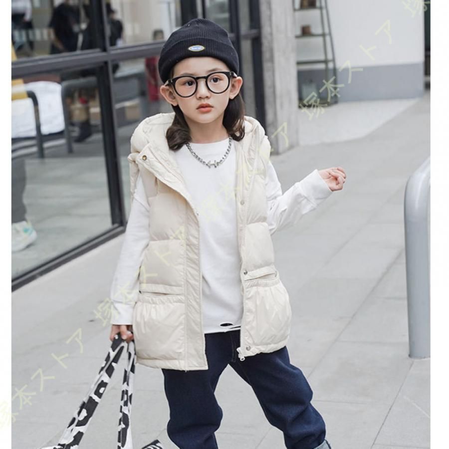 キッズ 子供 ベスト ダウン 秋冬 フード付き アウター 軽量 ジャケット ノースリーブ ポケット ガールズ ボーイズ 男女兼用 春 秋 冬 立ち襟 ショート丈