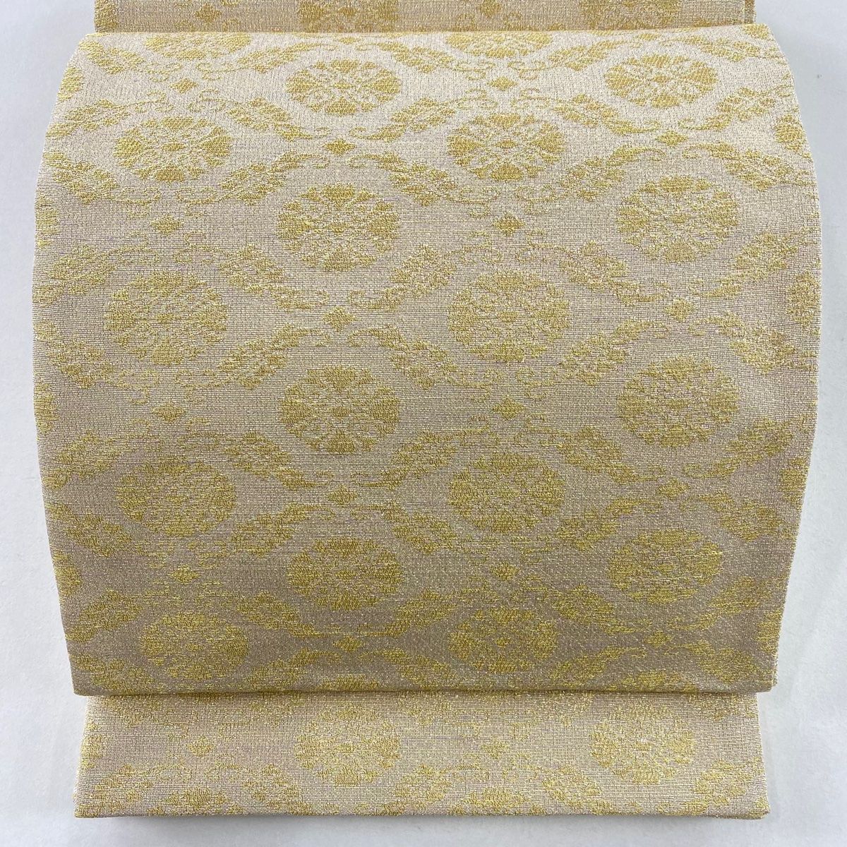 袋帯 名品 落款 花 菱 箔 ベージュ 全通 正絹
