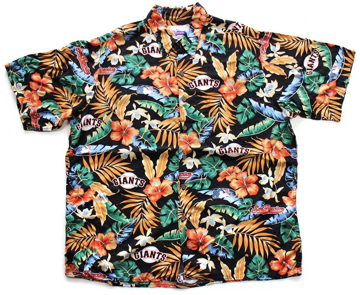 ハワイ製 Reyn SPOONER レインスプーナー MLB San Francisco GIANTS ハイビスカス×リーフ柄 レーヨン アロハシャツ L ベースボール