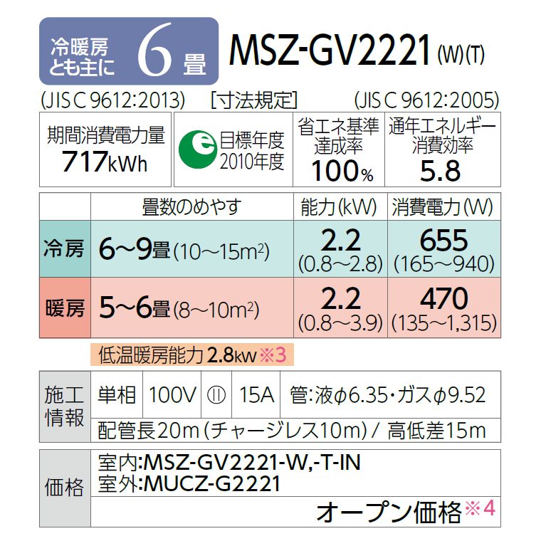 三菱電機 霧ヶ峰 おもに6畳用 ルームエアコン MSZ-GV2221-W - メルカリ