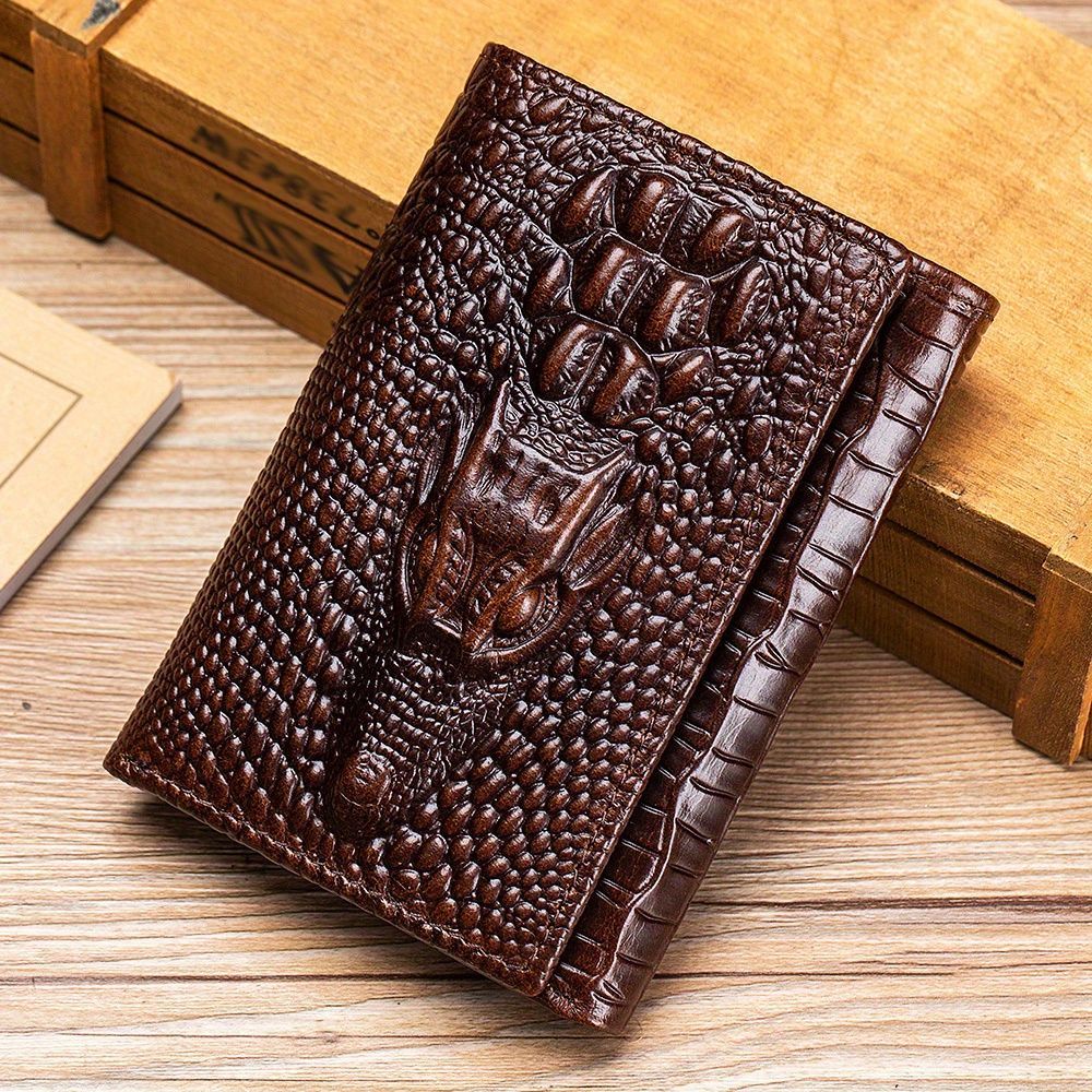 財布 トップ 牛革素材 スタイルデザイン クロコダイルエンボス加工 トップ 牛革 メンズウォレット マルチカードバッグ 牛革 防犯ブラシウォレット クロコダイルパターン ウォレット 三つ折りバッグ 父の日 ギフト ダークブラウン イエローブラウン ブラック