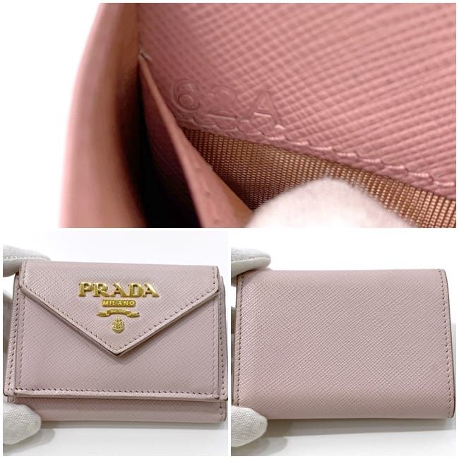 【美品】プラダ 三つ折り財布 コンパクト財布 サフィアーノレザー 小銭 ピンク PRADA（プラダ） 中古 三折財布小銭入付き レディース ブランド