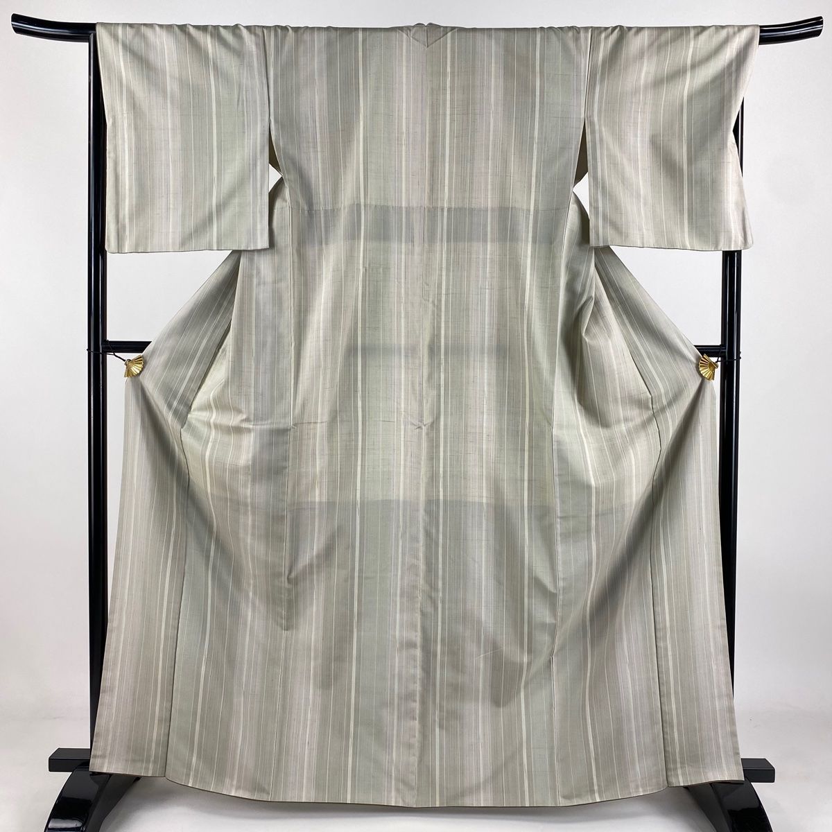 紬 身丈163.5cm 裄丈66.5cm M 袷 縦縞 灰茶 正絹 秀品