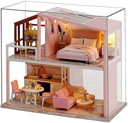 ピンクのDIYドールハウスロフトキット組み立てられたミニチュア家具付きプリンセスドールハウスおもちゃ子供用大人ギフト