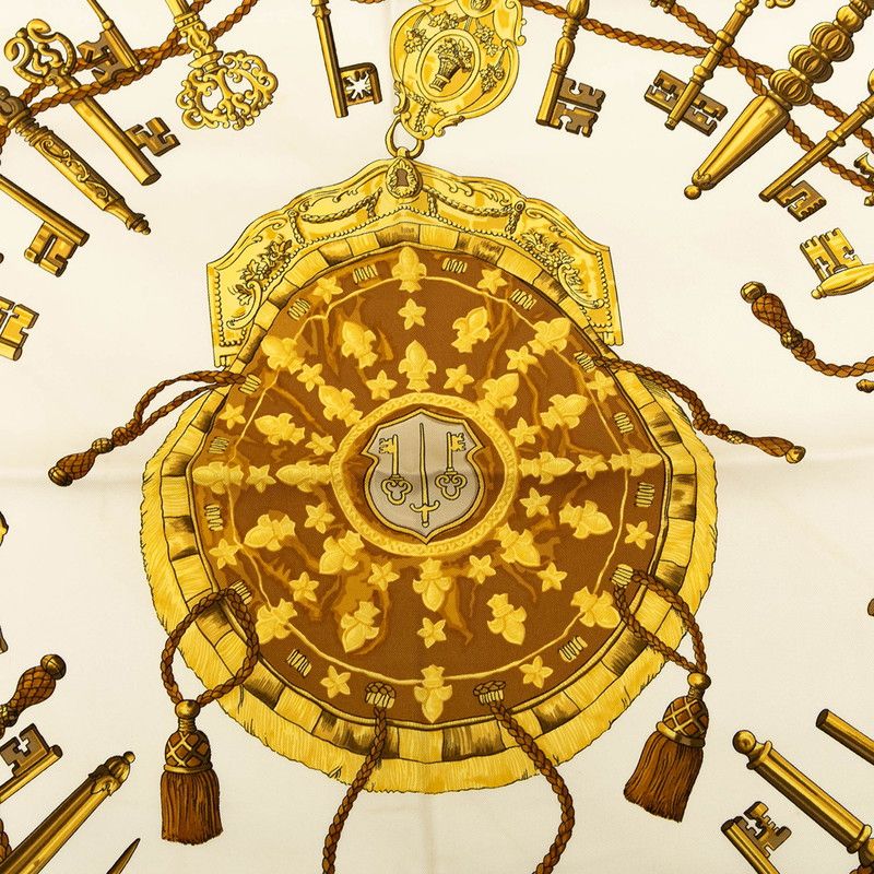 エルメス カレ90 LES CLES 鍵 ゴールド ホワイト マルチカラー シルク レディース HERMES 1-0231493