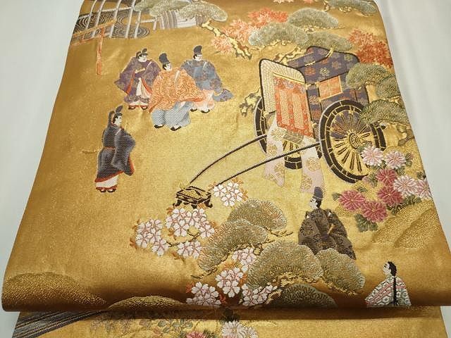 正絹 袋帯 ベージュ 金糸 御所車 扇面 花 六通