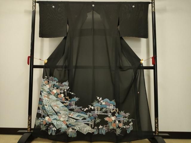 平和屋着物＊夏物 黒留袖 絽 作家物 流水鴛鴦花文 金彩 正絹 AABA5770sx