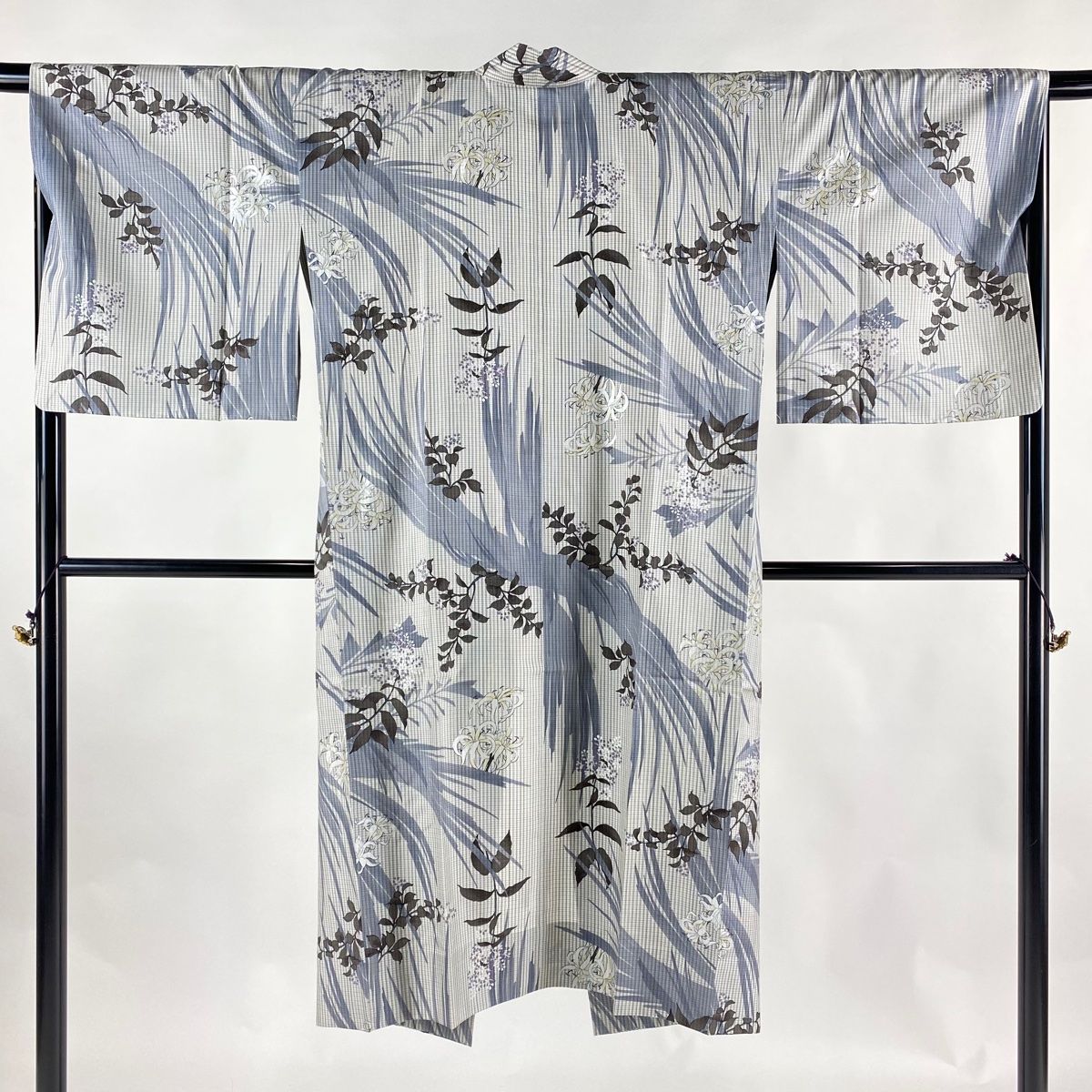 道中着 身丈124.5cm 裄丈68.5cm L 大島紬地 和装コート 着物衿 証紙 草花 格子 灰色 正絹