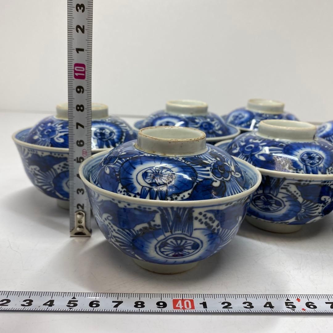 古伊万里　染付蓋茶碗7客と蓋1点　身直径11.6㎝　東Y5-0616①タルニ 古伊万里 染付蓋茶碗7客と蓋1点 身直径11.6㎝