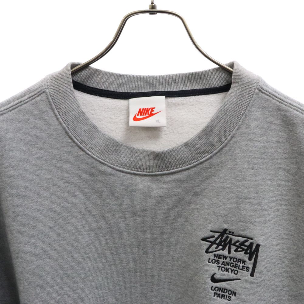 NIKE (ナイキ) 21SS ×STUSSY Fleece Crew Sweatshirt ×ステューシー ダブルネームロゴ刺繍 フリース  クルーネック スウェットトレーナー グレー DC4198-050