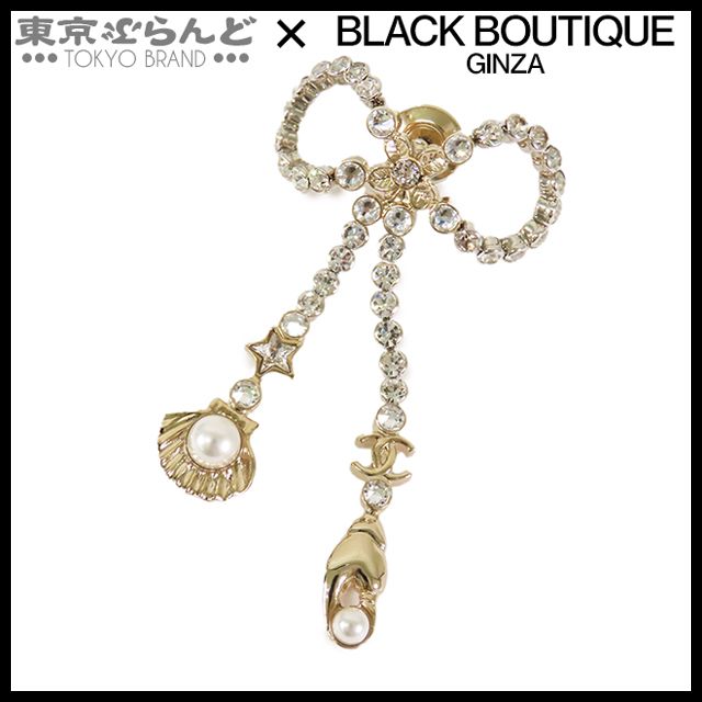 シャネル CHANEL リボン マリン モチーフ ピンバッジ ABE987 ゴールド メタル GP ラインストーン コスチュームパール コスチュームジュエリー ピンブローチ I25C ブローチ レディース 101827846