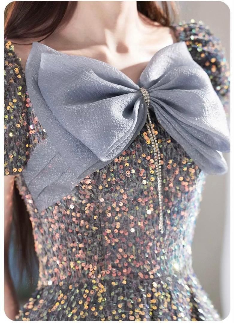 胸元リボンが可愛い 半袖のスパンコール イブニングドレス ロングドレス、イブニングドレス、胸元リボン、スパンコール