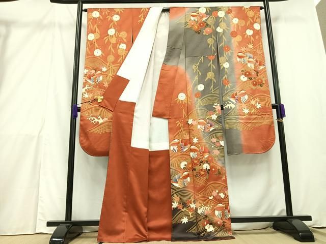 豪華振袖　駒刺繍　流水花文　暈し染め　金彩　逸品 絹 成人式 お見合 パーティー 平和屋着物□豪華振袖 駒刺繍 牡丹 暈し染め 金彩 正絹 逸品