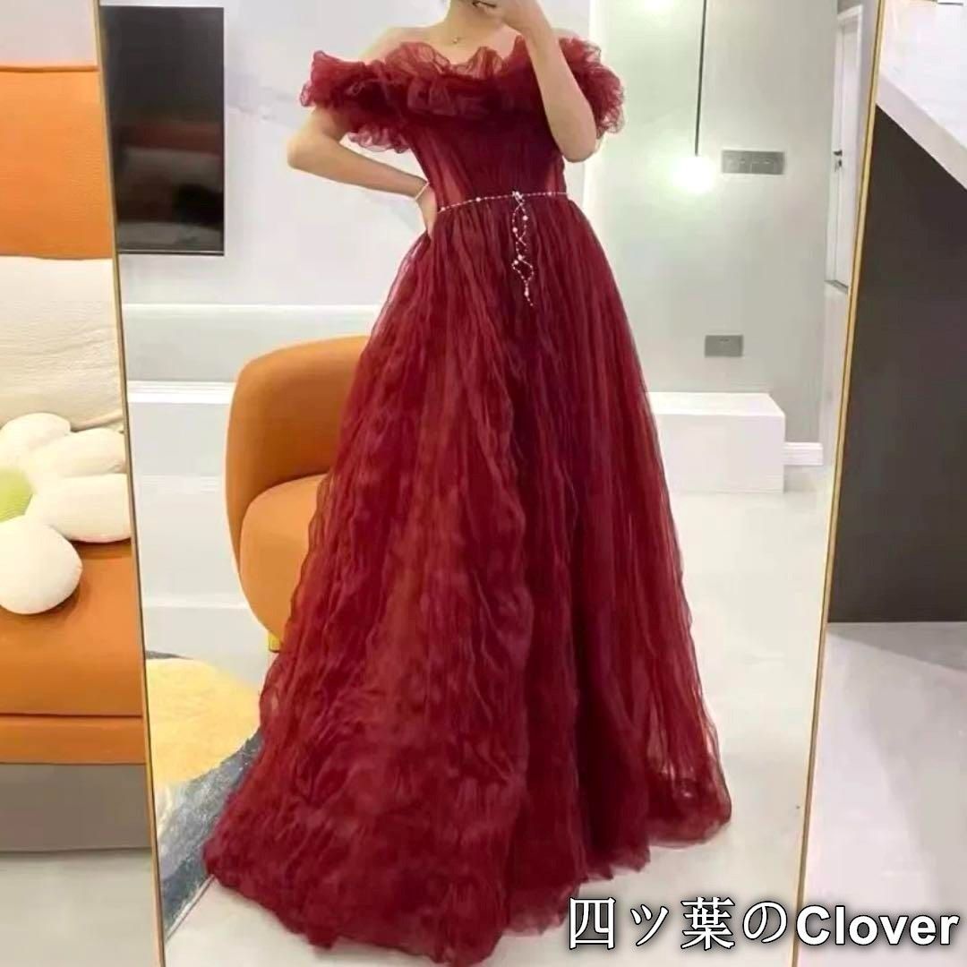 パールがオシャレで可愛い フリル オフショルイブニングドレス パールがオシャレで可愛い フリル オフショルイブニングドレス