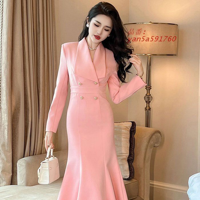 大きめ襟付き2連前ボタン 裾フリルミモレ丈長袖ワンピース ピンク キャバ スナック 服 セクシー 韓国 レディース きれいめ yan5a591760