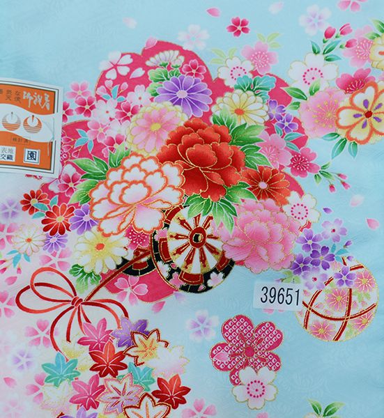 お宮参り 産着 女児 女の子 のしめ 合繊 綸子地 水色地 祝着 NO39651