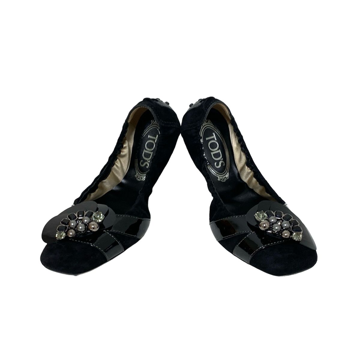 TOD S トッズ フラットシューズ 37 レディース - 黒×ダークグレー×マルチ パール ビジュー レザー