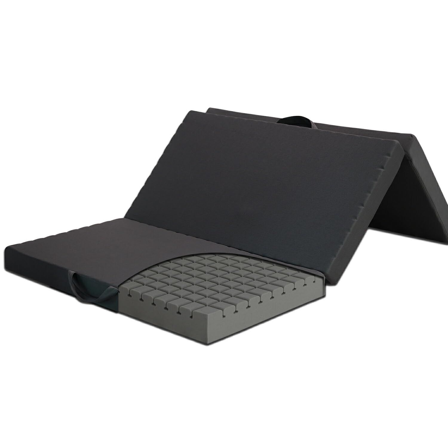 carres 厚み10cm ウレタン 3Dセル ダークグレー 折りたたみ ニット生地 体圧分散 幅97cm シングル 薄型 高反発マットレス 敷き布団 三つ折り プロファイル ベッドアンドマットレス マットレス