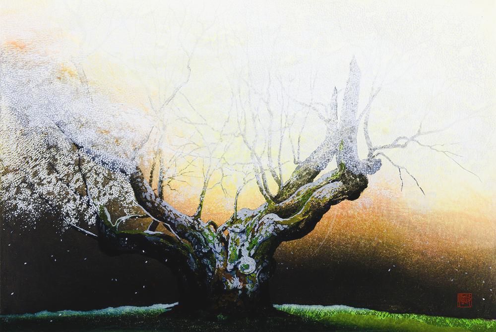 真作】【WISH】佐野せいじ「春暁の淡墨」木版画 25号大 大作 1998