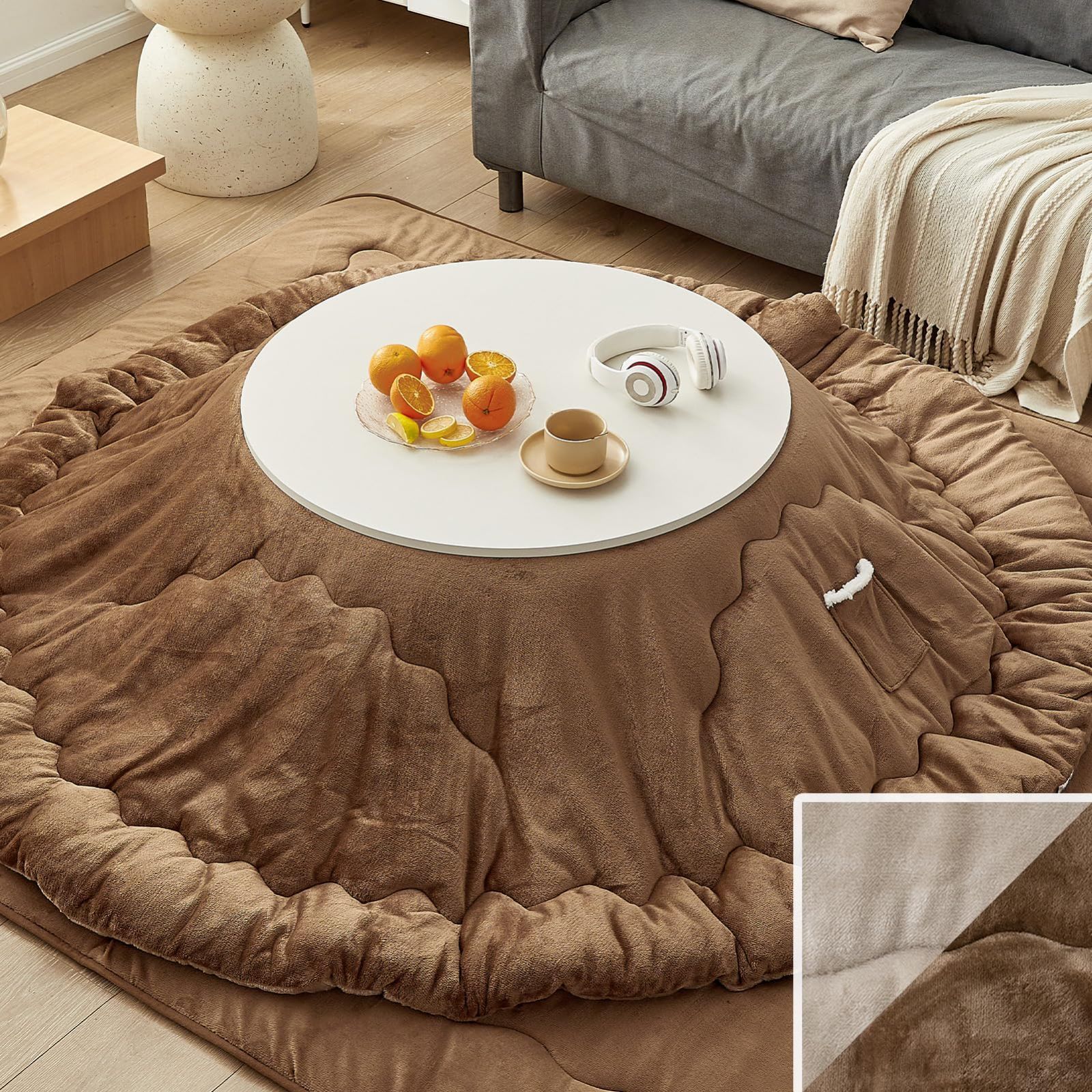 保温性 丸洗いOK フランネル 両面使える リバーシブル 静電気防止 フィットキルトこたつ掛け布団 ポケット付き 24時間持続制菌消臭 HOT 撥水加工 発熱綿使用 SUPER 中綿1.8kg 毛抜けない 単品直経225cm 丸型 こたつ布団 ベージュ|ブラウ