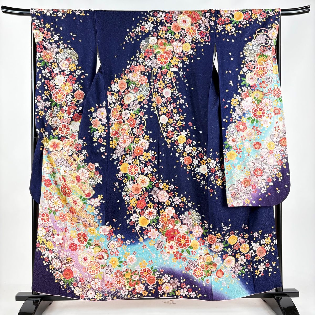 振袖 身丈158.5cm 裄丈66.5cm M 袷 桜 笠松 銀通し 箔 濃紺 正絹