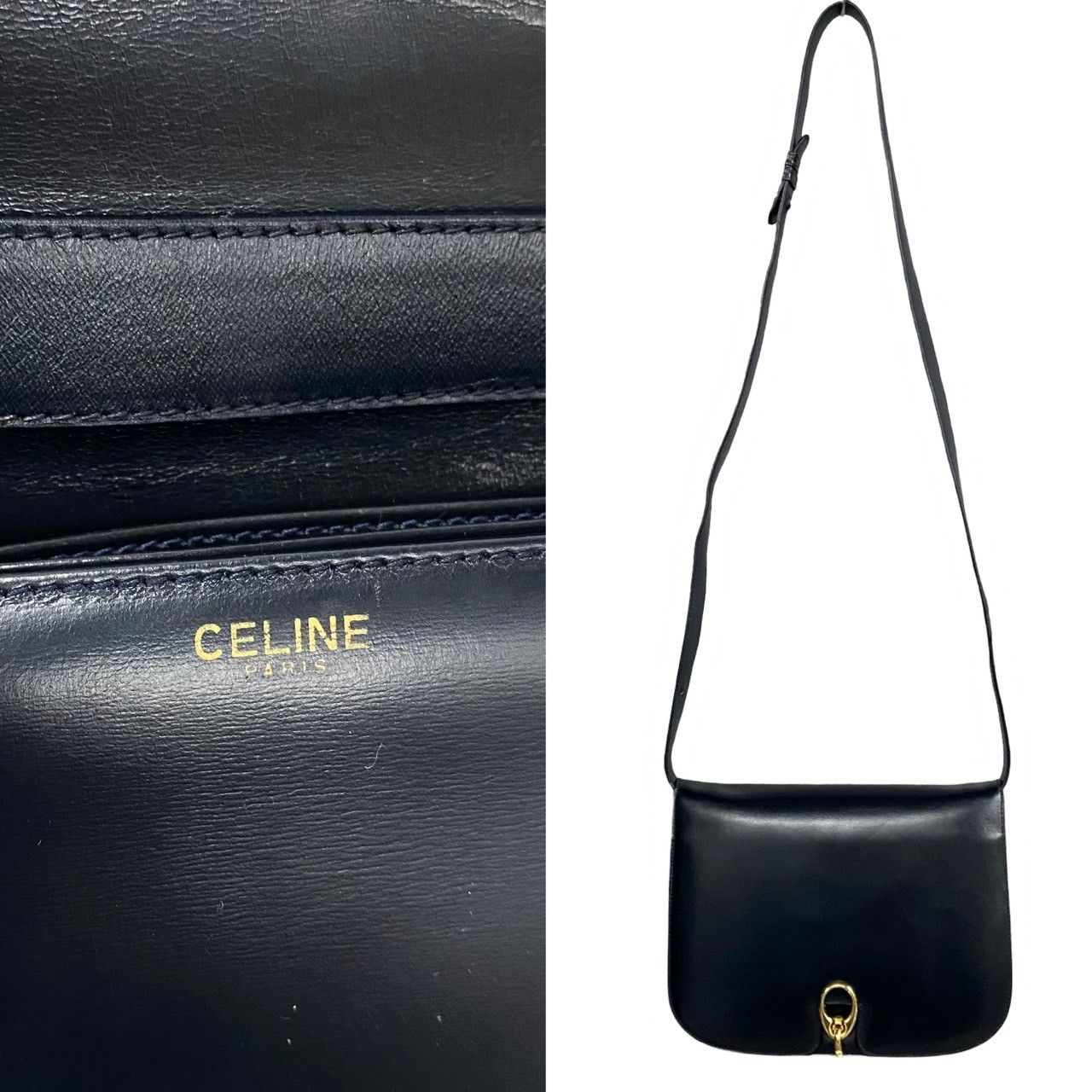 極 美品 希少品 CELINE セリーヌ ヴィンテージ ロゴ 金具 カーフ レザー 本革 2way セミ ショルダーバッグ ポシェット ネイビー 24094