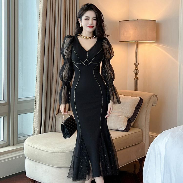 パーティードレス ブラックドレス タイトワンピ マーメイド ワンピース ラメ入り ボリューム袖 シースルー 黒 タイト ワンピース 長袖 ロング丈 きれいめ タイトワンピース 大きいサイズ 謝恩会 二 song247