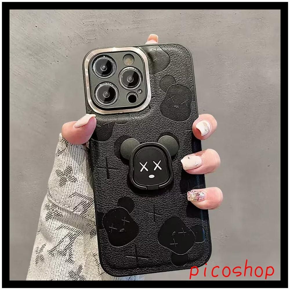 用 リング付き 用 保護カバー 人気 iphone おしゃれ スマホケース カウズ キャラクター バンパー ケース レンズ保護 ワイヤレス充電対応 16 アイフォン16 用 iPhone Black