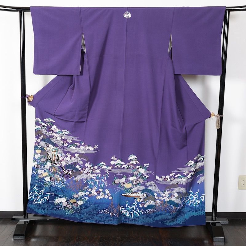 色留袖 紫 茶 ゴールド 白 黒 三つ紋花紋 金駒加工 京友禅