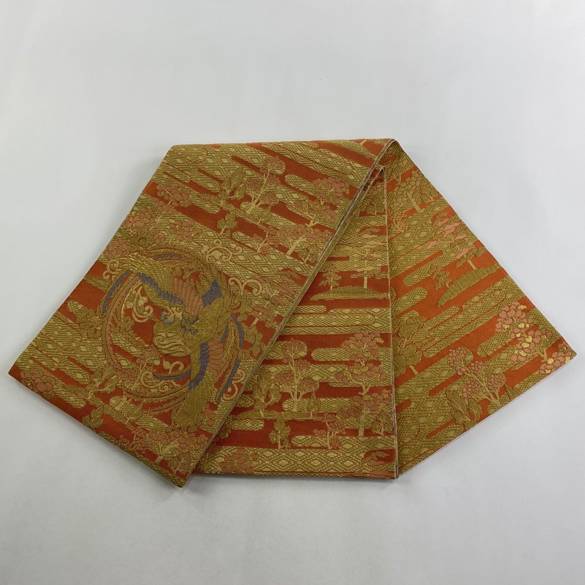 【新品】華やかなオレンジ色の袋帯　西陣織　正絹　昭和レトロ 新品】華やかなオレンジ色の袋帯 西陣織 正絹 昭和レトロ 新品