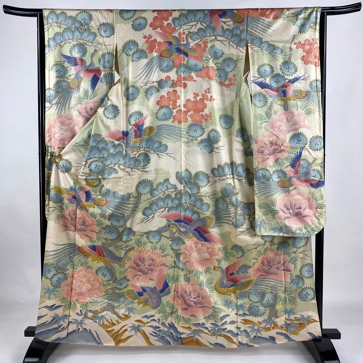 ☪ 振袖 身丈163cm 裄丈63.5cm S 袷 岩田専太郎 落款 鳥 牡丹 金糸 金彩 クリーム 正絹 名品
