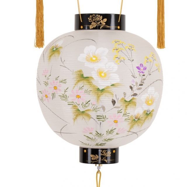 盆提灯 八女提灯 吊り提灯 御殿丸 蒔絵絹絵入 11号 長さ85cm P15 8001-11134ac LED電池式 初盆 お盆
