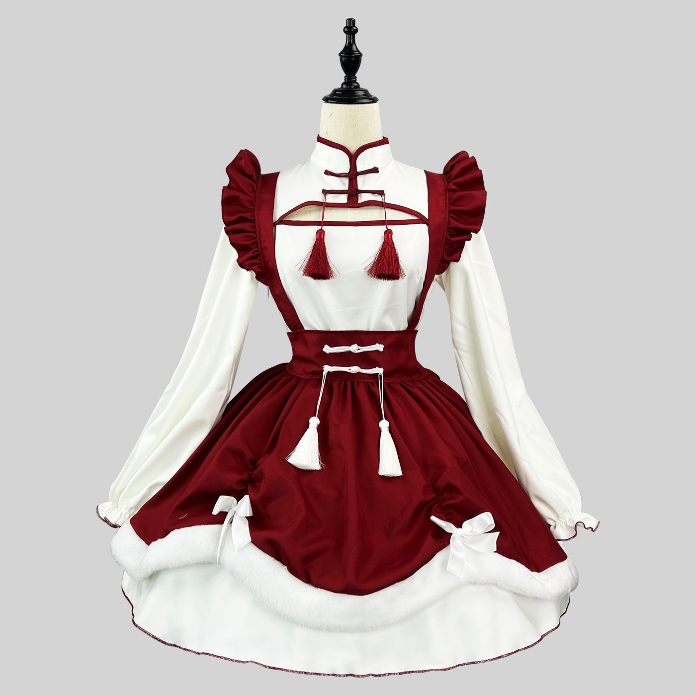 中国風ロリータワンピース 新春元宵スタイル 赤×白 漢服風 ロリィタドレス タッセル付き 長袖 コスプレ