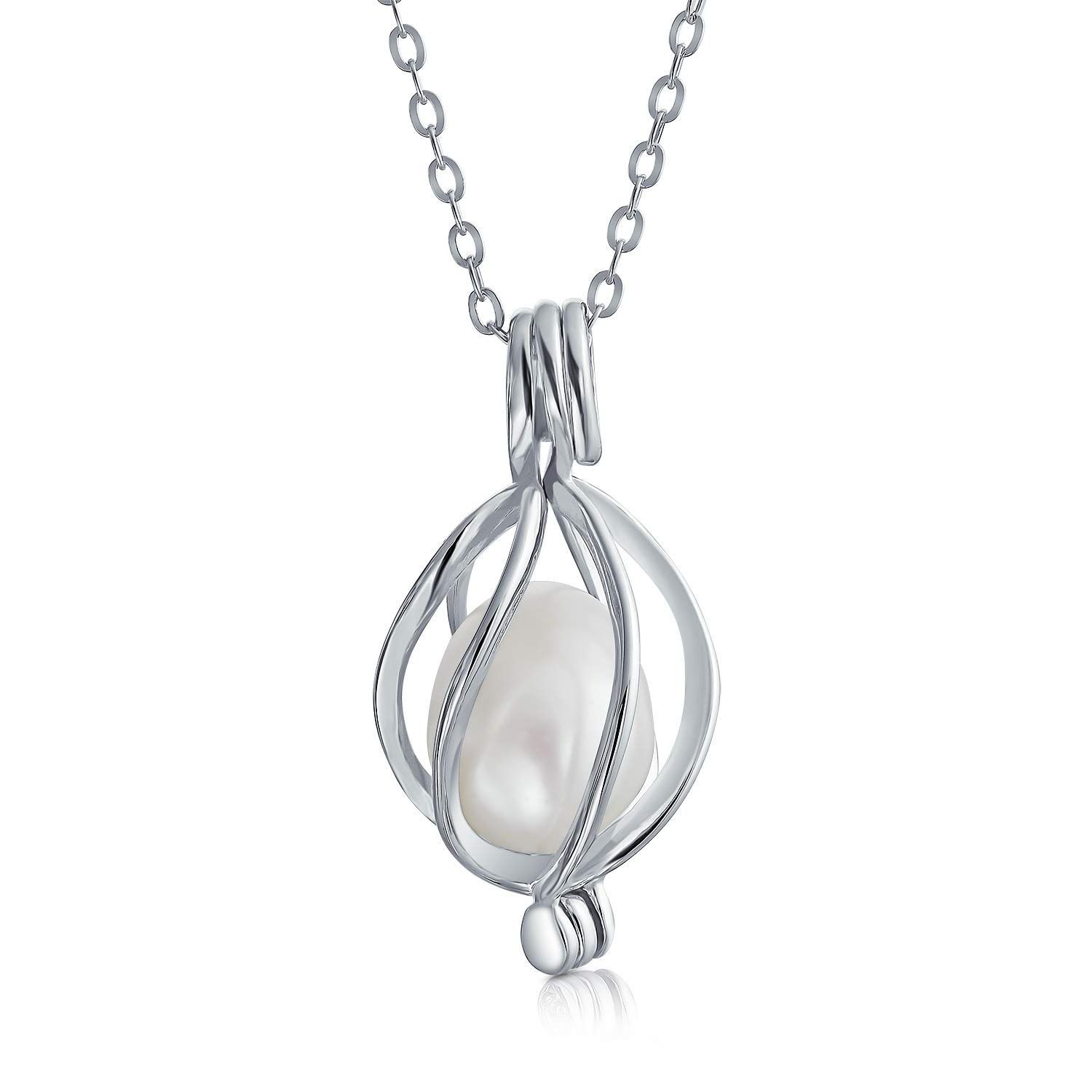 Bling Jewelry 女性用ウェディングのためのブラックホワイト淡水養殖真珠付きブライダルティアドロップバードケージペンダントネックレス .925スターリングシルバー製