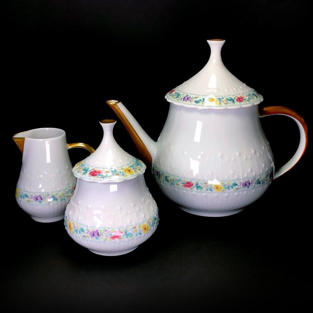 Limoges リモージュ ジョルジュボワイエ ペルサーン ティーポット シュガーポット クリーマー 3点セット フローラル 花 陶器 ホワイト マルチカラー