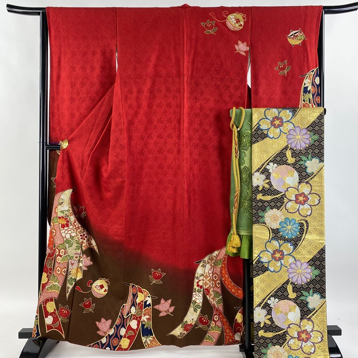 振袖 身丈162cm 裄丈64cm M 袷 袋帯フルセット 几帳 橘 金彩