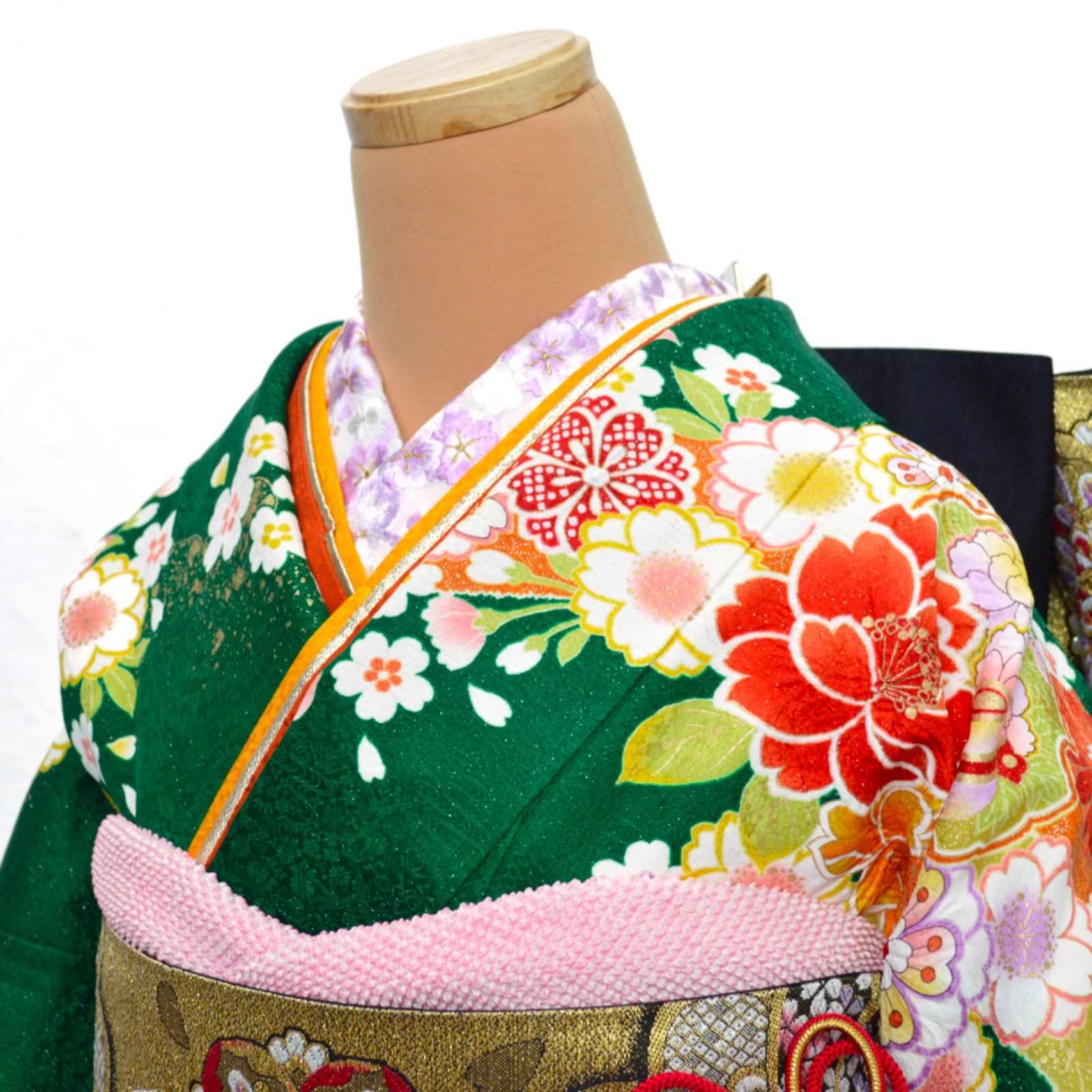 美品》正絹 振袖フルセット M〜Lサイズ 成人式 緑地 パールトーン加工 