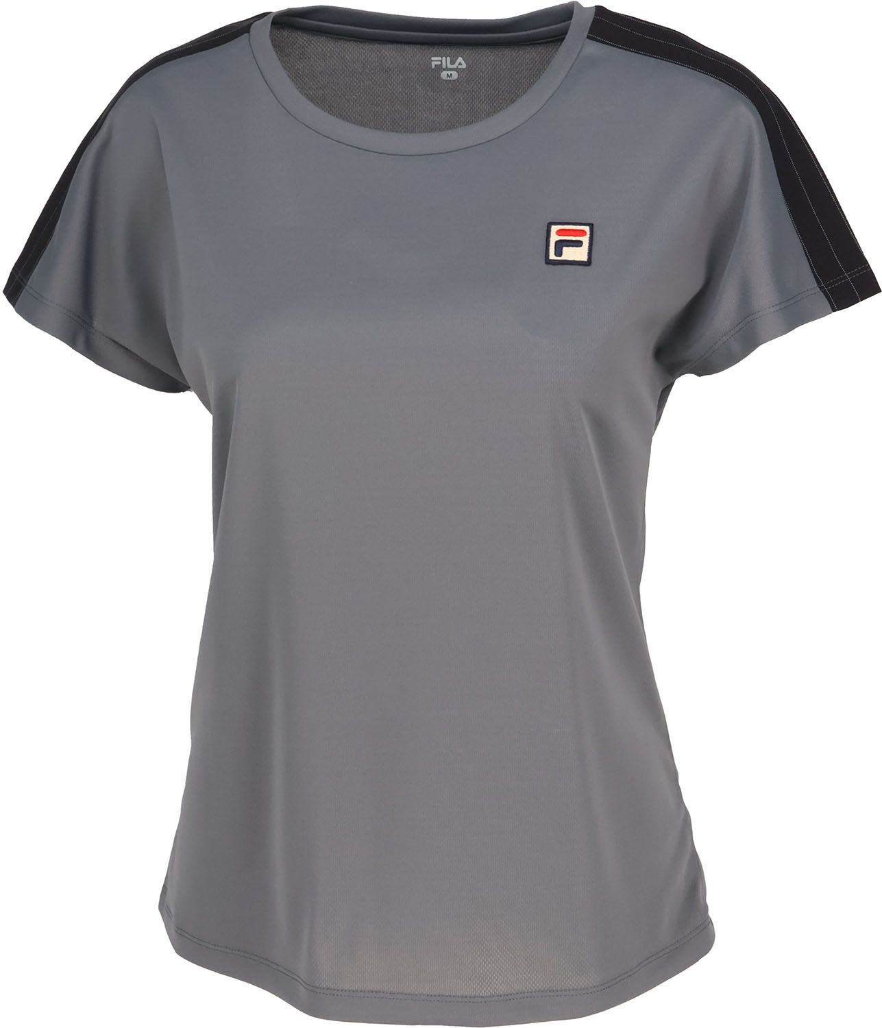 フィラ FILA テニス ゲームシャツ レディース ウィメンズ 女性 大人 半袖 Tシャツ トップス ウェア ロゴ ワンポイント メッシュ ピンストライプ 部活動 クラブ スクール EL0246 08Z ブラック