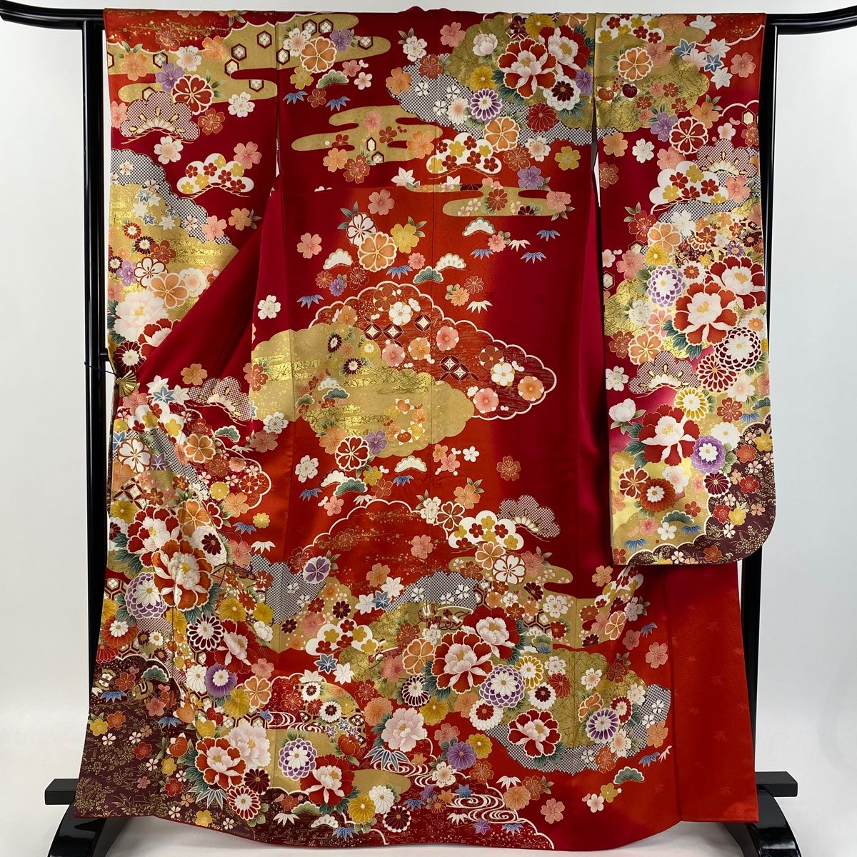 雑貨販売専門店 【435】【165cm~175cmの方用】振袖のみ 振袖 身丈165cm 裄丈62.5cm S 袷 草花 雲文 刺繍 箔 赤 正絹 美