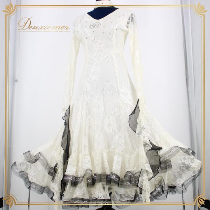 社交ダンス 衣装 スタンダード ドレス ワンピース レッスンウェア レディース オールシーズン 黒 白 ホワイト系 ブラック系 ラインストーン ホログラム レース 長袖 レース prima boutique プリマブティック 花柄 バイカラー