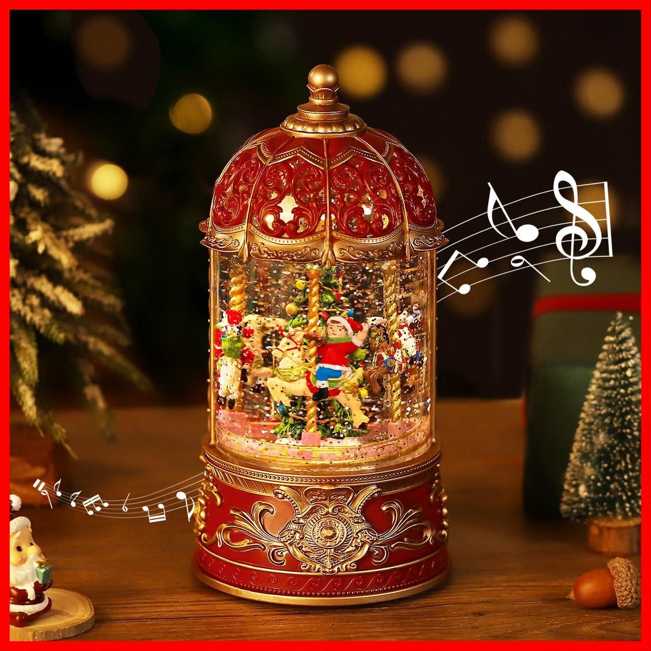 即発送 インテリア クリスマスプレゼント 8曲自動ループ クリスマス置物飾り LEDライト内蔵 クリスマスツリースノーグローブ サンタさんと雪だるまさんとお子さんがモミの木のメリーゴーランドに乗る メリーゴーランド クリスマススノードーム レッド スノードー