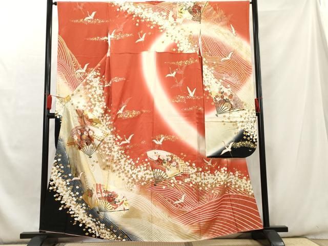 豪華振袖　作家物　絞り　舞花文　暈し染　金彩　着丈167.5cm　正絹 平和屋着物□豪華振袖 駒刺繍 扇面飛鶴花文 暈し染め 金彩 正絹