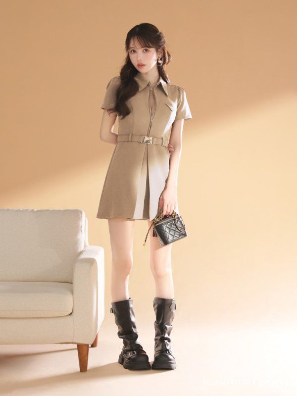 ベージュ GL4617-BE-2509 XS-Lサイズあり ROBE de FLEURS Glossy ローブドフルール グロッシー 半袖 シャツ ウエストベルト フ ミニドレス キャバドレス