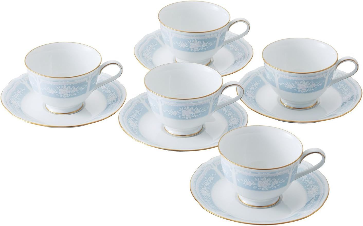 Noritake ノリタケ カップ u0026 ソーサー セット ( コーヒー ティー 兼用) 220cc レースウッドゴールド 5客 ブルー ファインポーセレン H9587A/1507