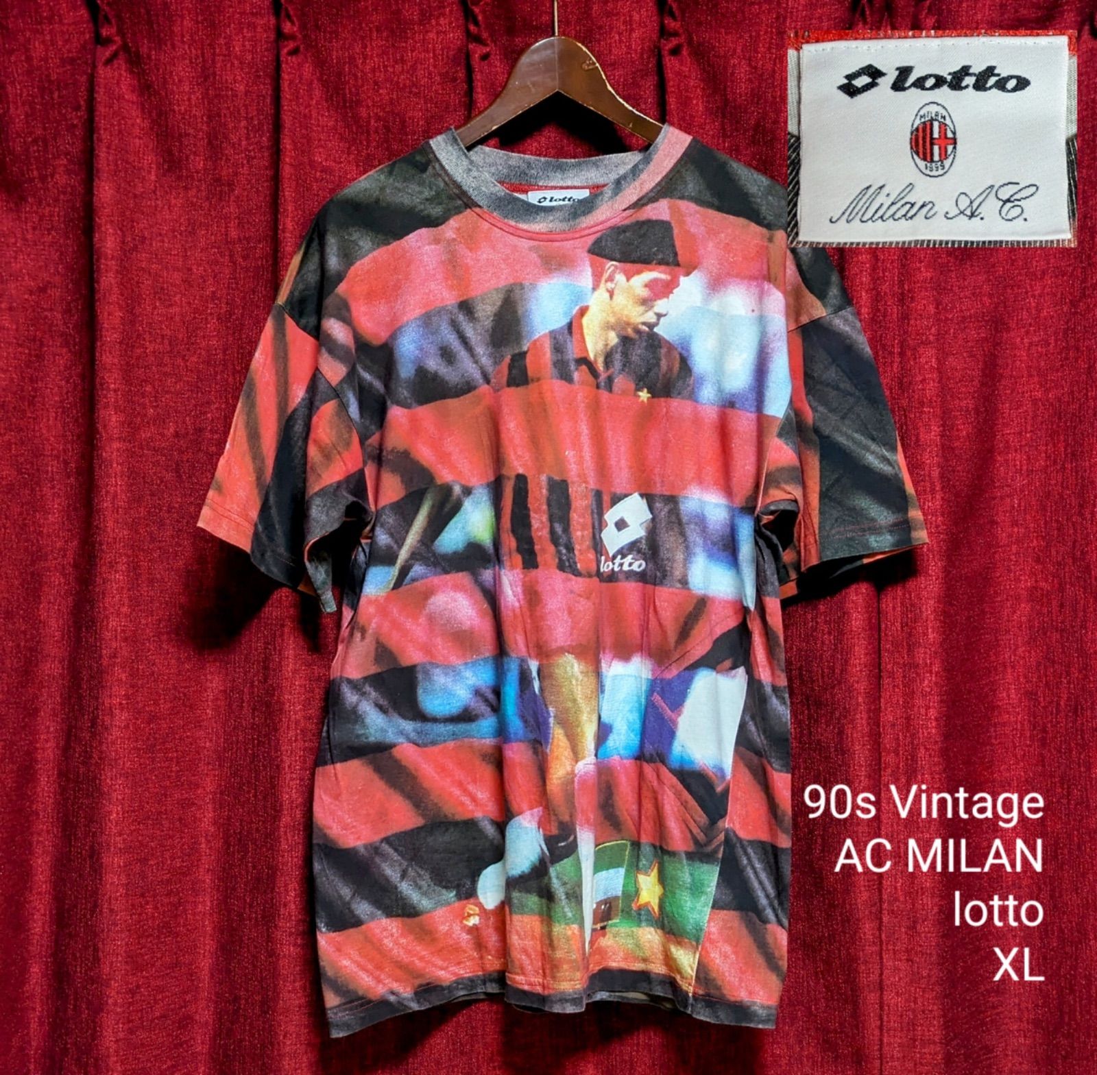 レア 90'S ヴィンテージ lotto ロット ACミラン 総柄 Tシャツ☆大きい