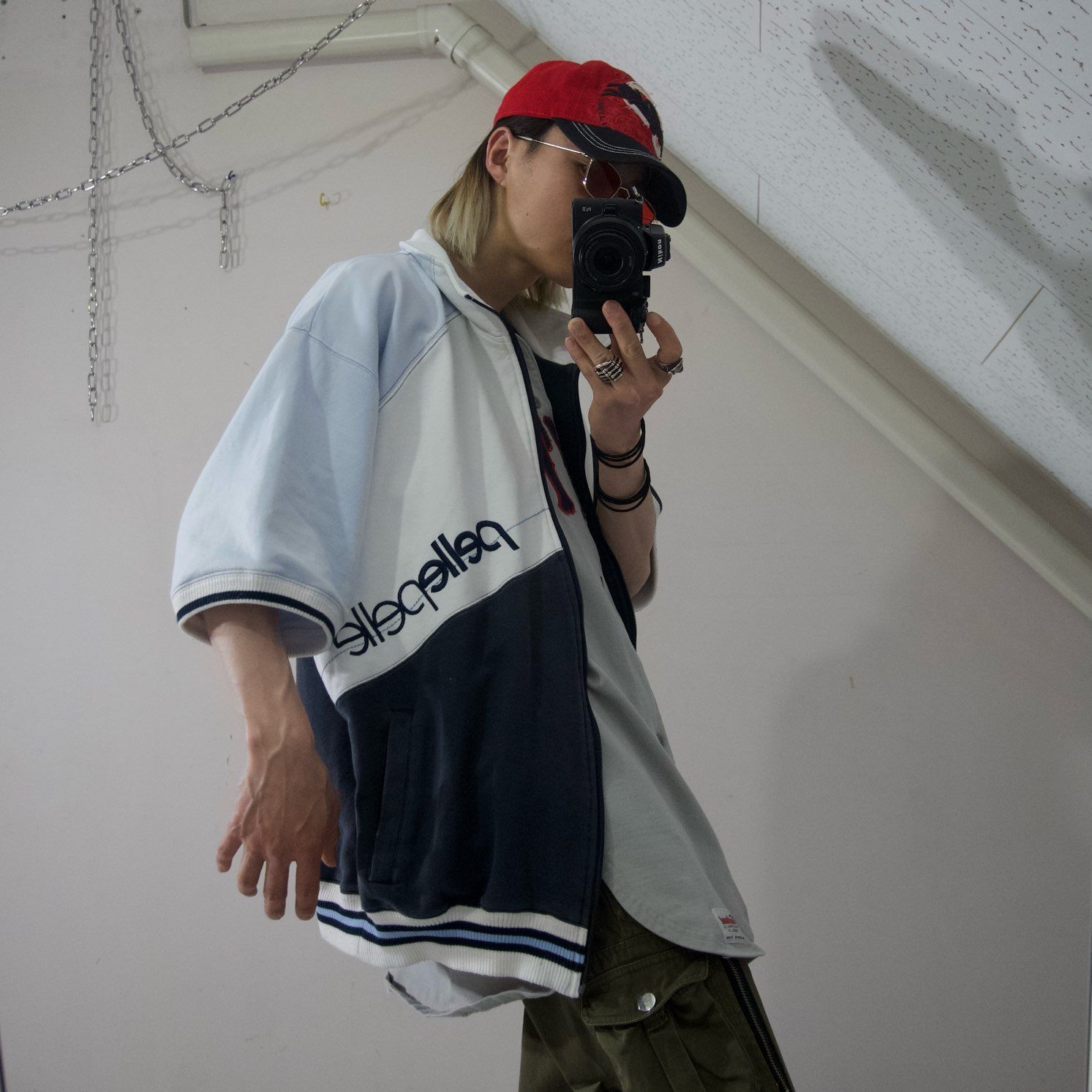 00s PELLE PELLE Check Cotton Rayon S/S Shirt 赤白 XL